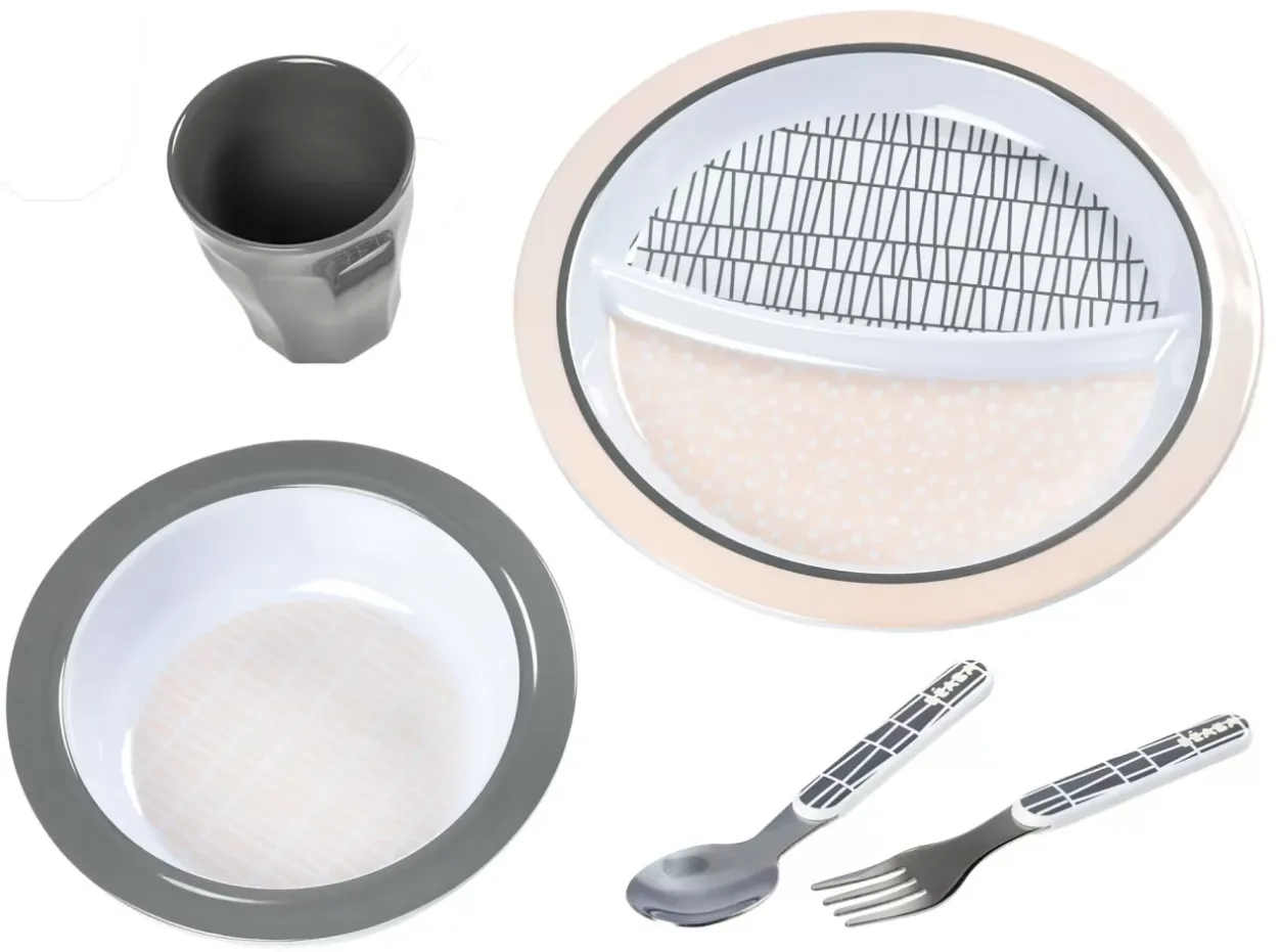 Sale Coffret Cadeau Repas Pink Grid Couverts, Vaisselle Et Bavoirs