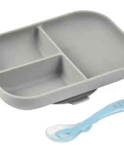 Sale Set Repas Silicone Avec Ventouse Grey Couverts, Vaisselle Et Bavoirs