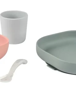 Hot Set Vaisselle Silicone 4 Pieces Eucalyptus Couverts, Vaisselle Et Bavoirs